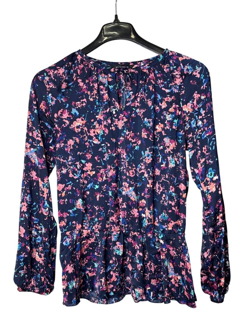 Ellen Tracy Peplum Blouse Top Size M Multicolor Abstract Print Keyhole Tie Front